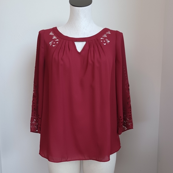 Anthropologie Maeve Blouse Laser Cut Detail Maroon Popover Womens size 4 - Picture 6 of 14